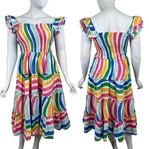 Crown & Ivy Womens Size L Cotton Striped Ruffle Pullover Midi Teired Dress Party